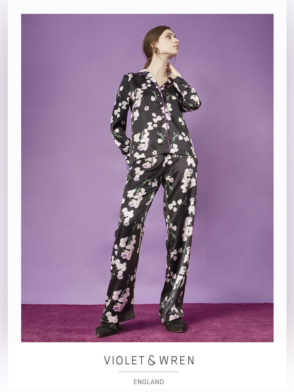 VIOLET & WREN Black Floral SILK Pajama Set pant and button top